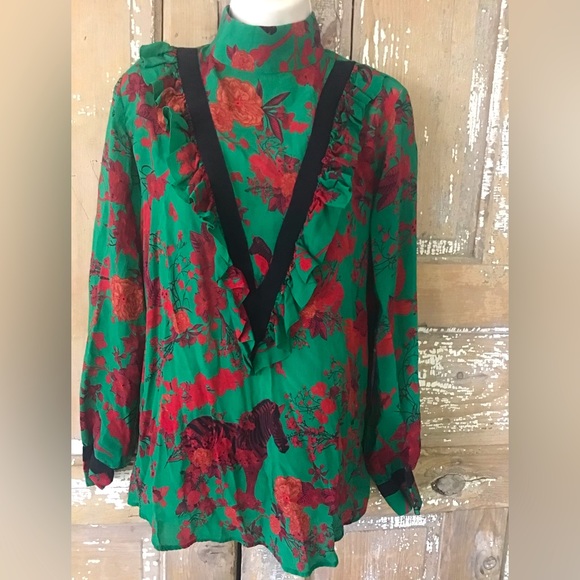 Falguni Shane Peacock Tunic Dress Top 100% Crepe Sz. M Floral Print W/ Zebras - Picture 1 of 11